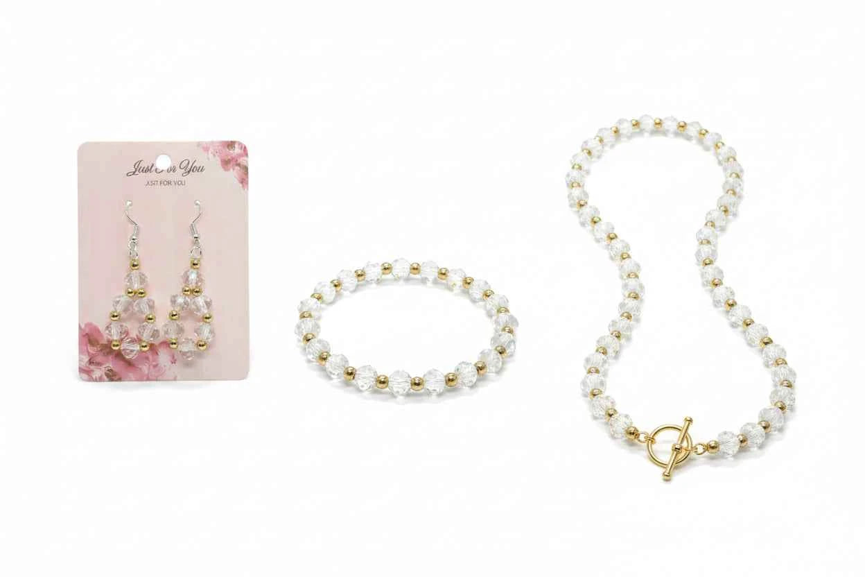 Clear Crystal Earrings, Bracelet and Necklace Set with Gold Spacers