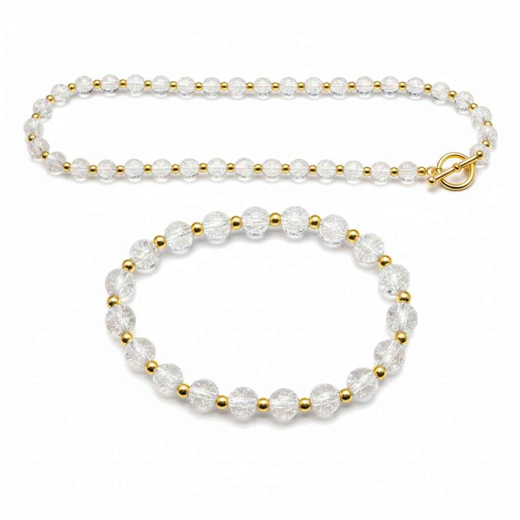 Clear Glass Bracelet and Necklace Set with Gold Spacers