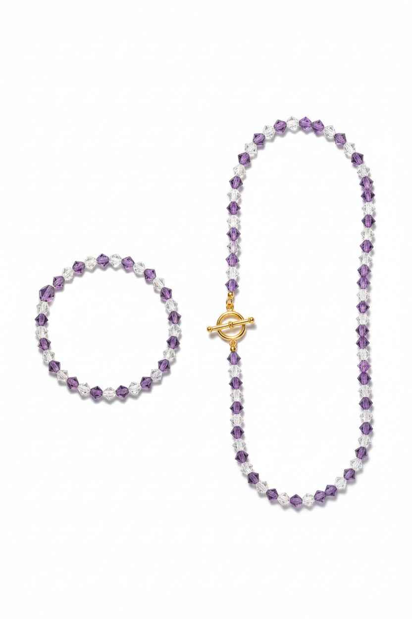 Plastic Purple and Clear Bi-Cone Bracelet and Necklace Set