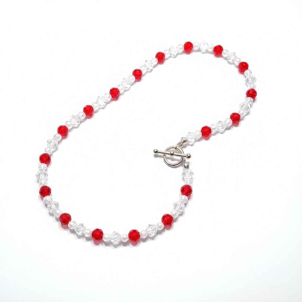 Red, White Pearl and Clear Necklace