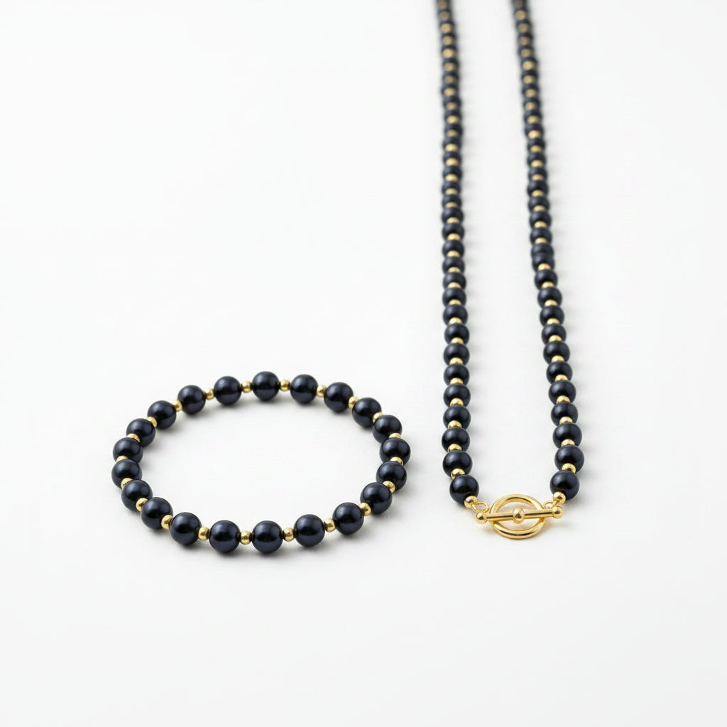 Black Pearl Bracelet and Necklace Set with Gold Spacers