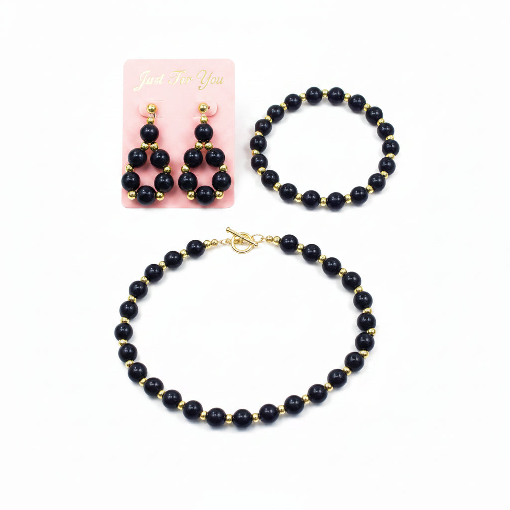 Black Pearl Earrings, Bracelet and Necklace Set with Gold Spacers