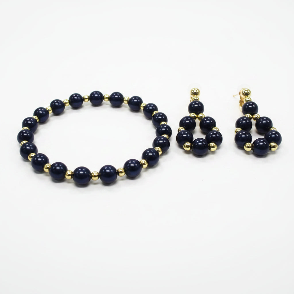 Black Pearl Earrings and Bracelet Set with Gold Spacers