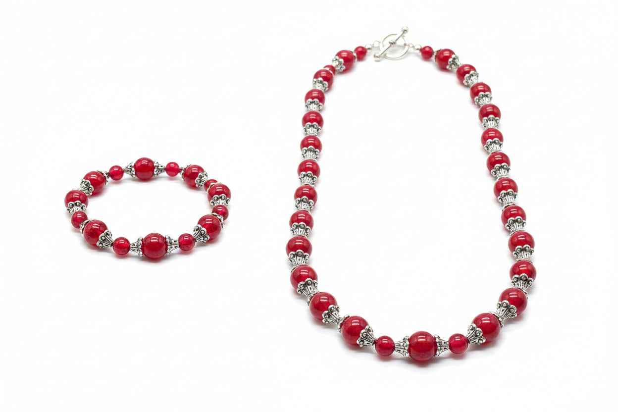 Red Glass Bracelet and Necklace Set with Silver Accents