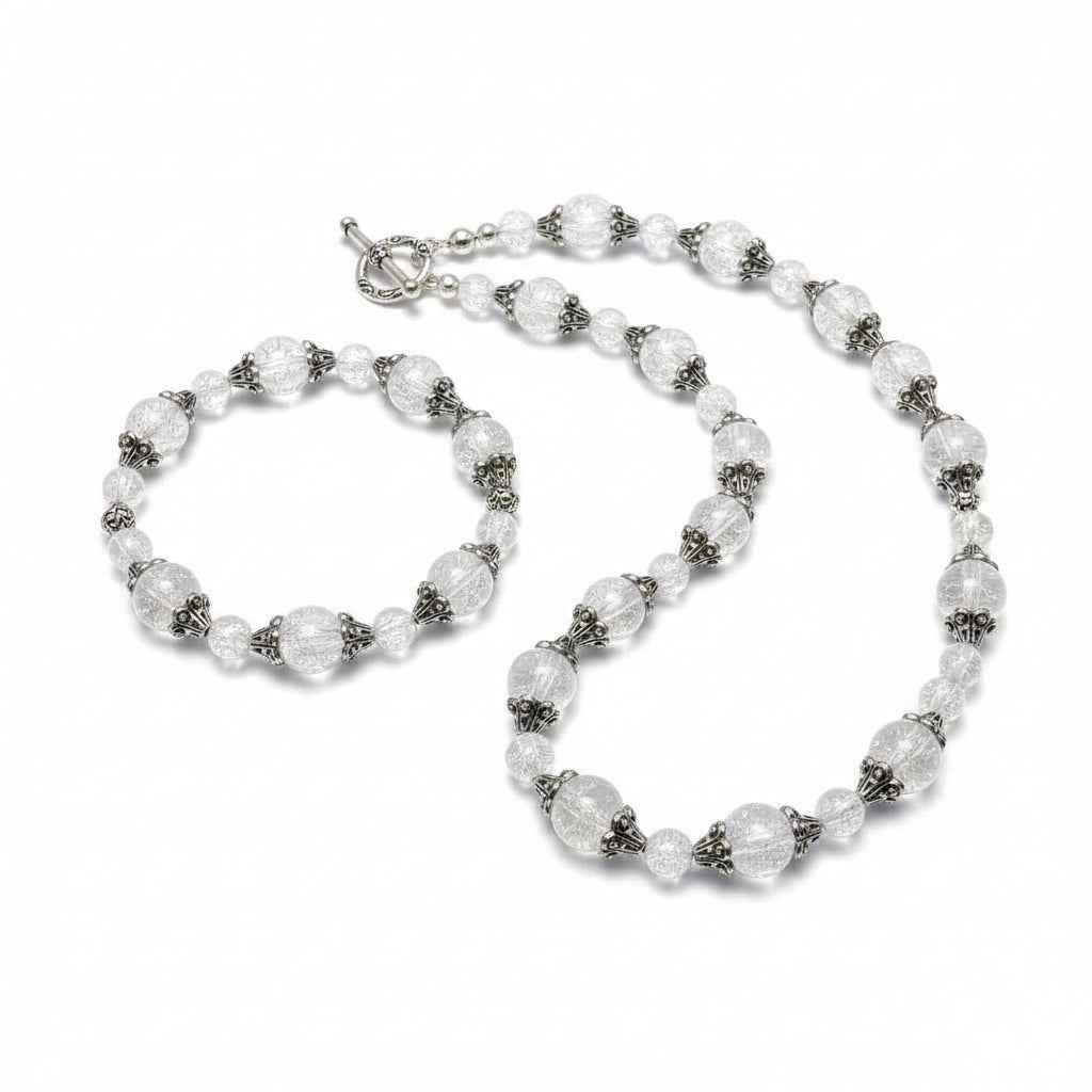 Clear Glass Bracelet and Necklace Set with Silver Accents