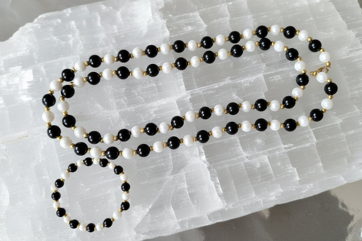 Black and White Pearl Bracelet and Necklace Set with Gold Spacers