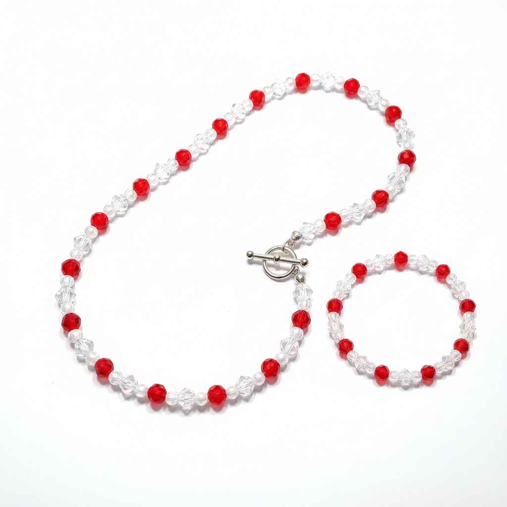 Red, White Pearl and Clear Bracelet and Necklace Set