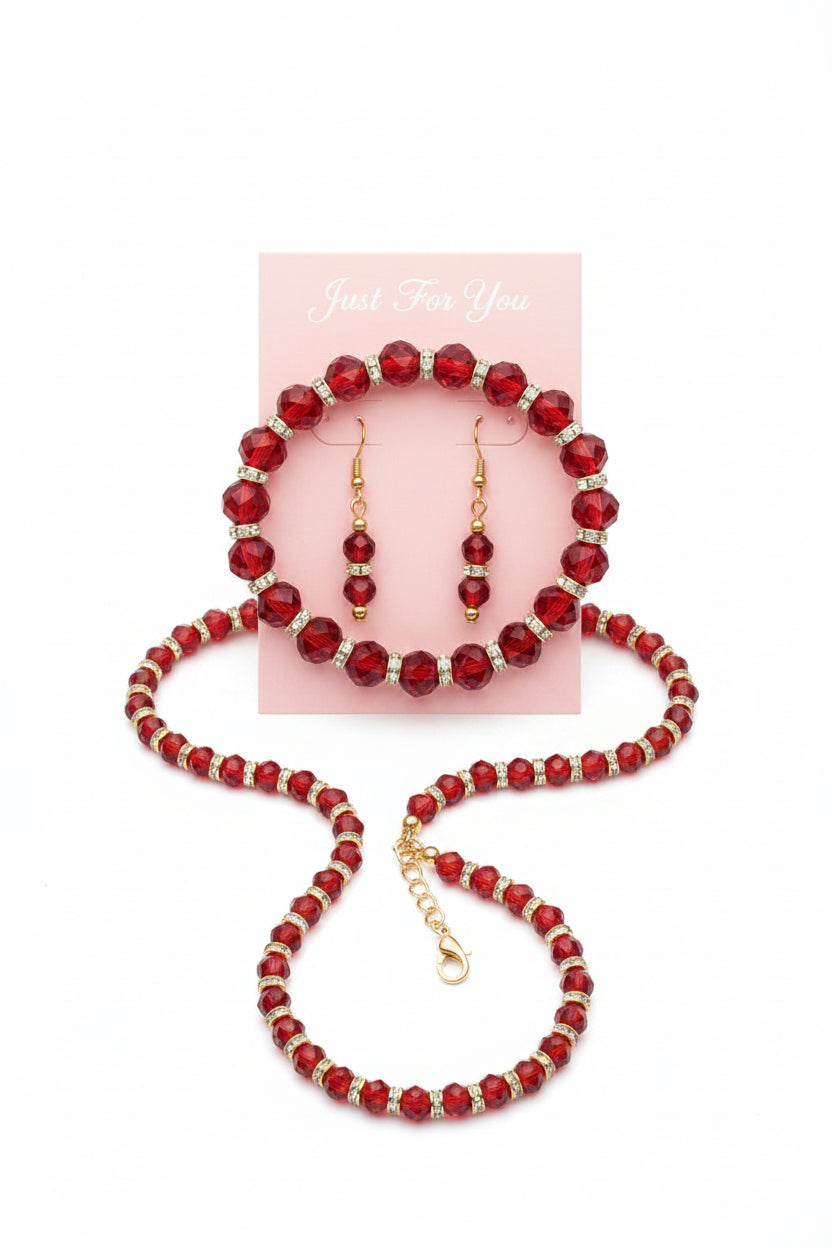Rudy Red Crystal Earrings, Bracelet and Necklace Set with Gold Accents