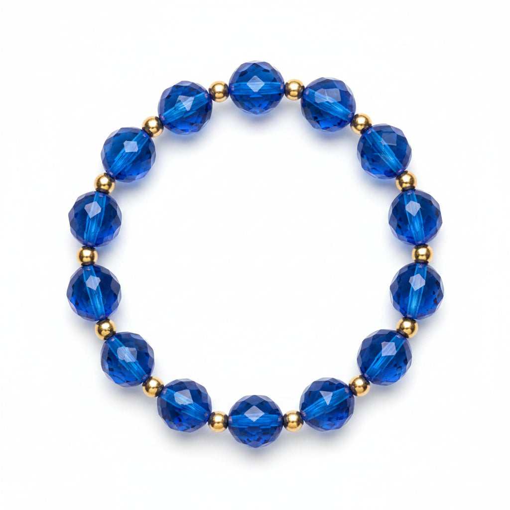 Blue beaded bracelet on a purple fabric background